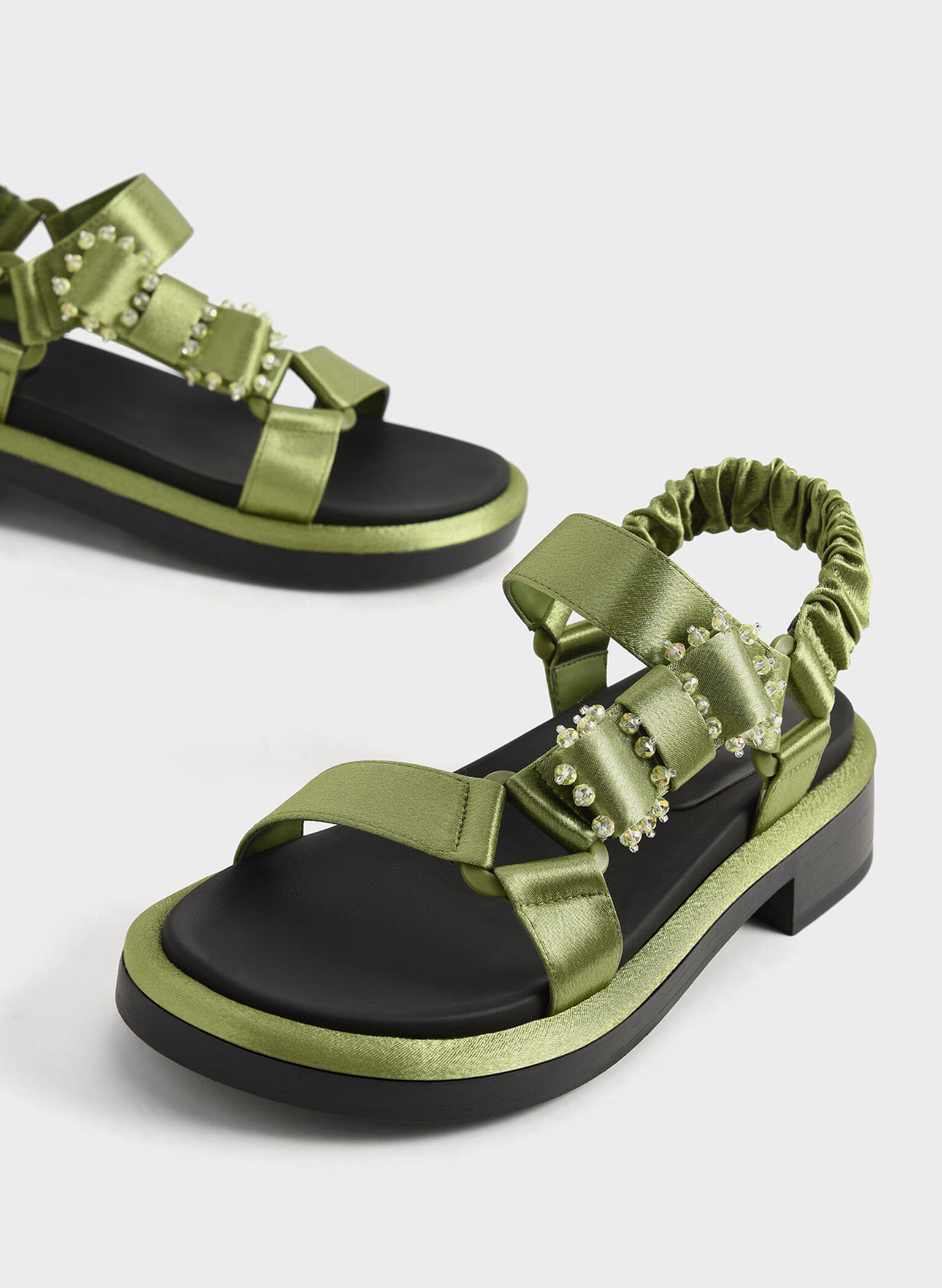 Miko Gem-Embellished Satin Sandals, Green, hi-res
