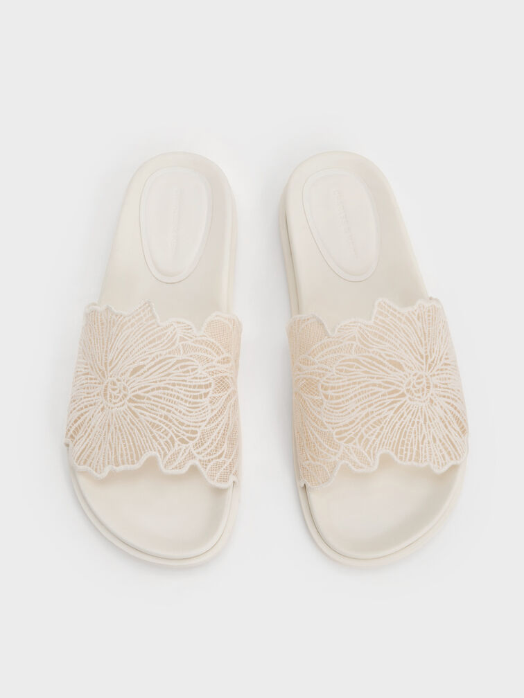 Crochet Floral Slide Sandals, White, hi-res
