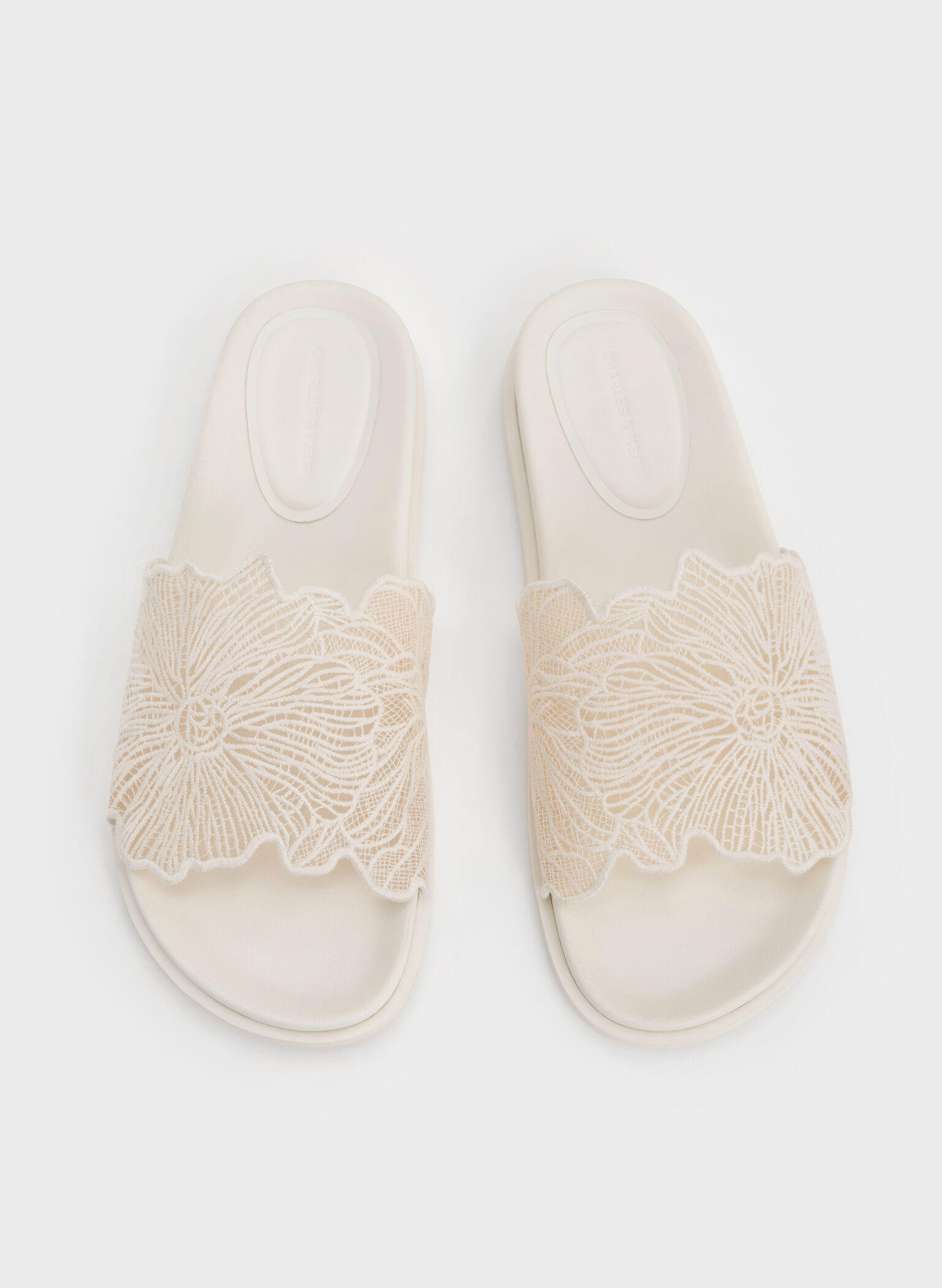 Crochet Floral Slide Sandals, White, hi-res