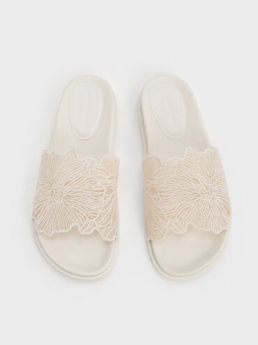 Crochet Floral Slide Sandals, White, hi-res