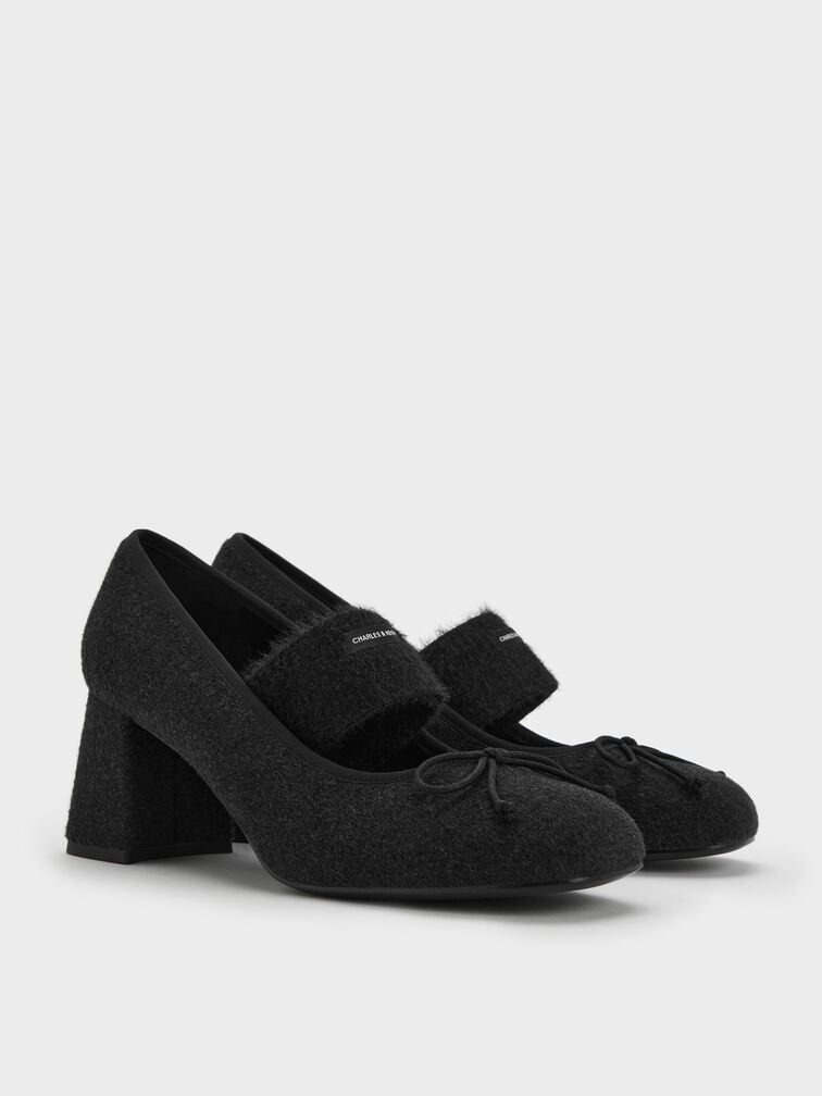 Winona Felt Bow Furry-Strap Mary Jane Pumps, Black Textured, hi-res