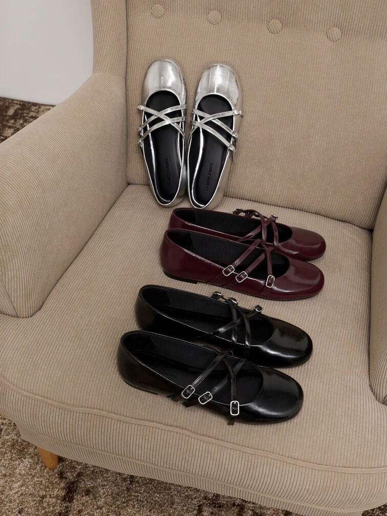 Patent Triple-Strap Crossover Mary Jane Flats, Black Patent, hi-res