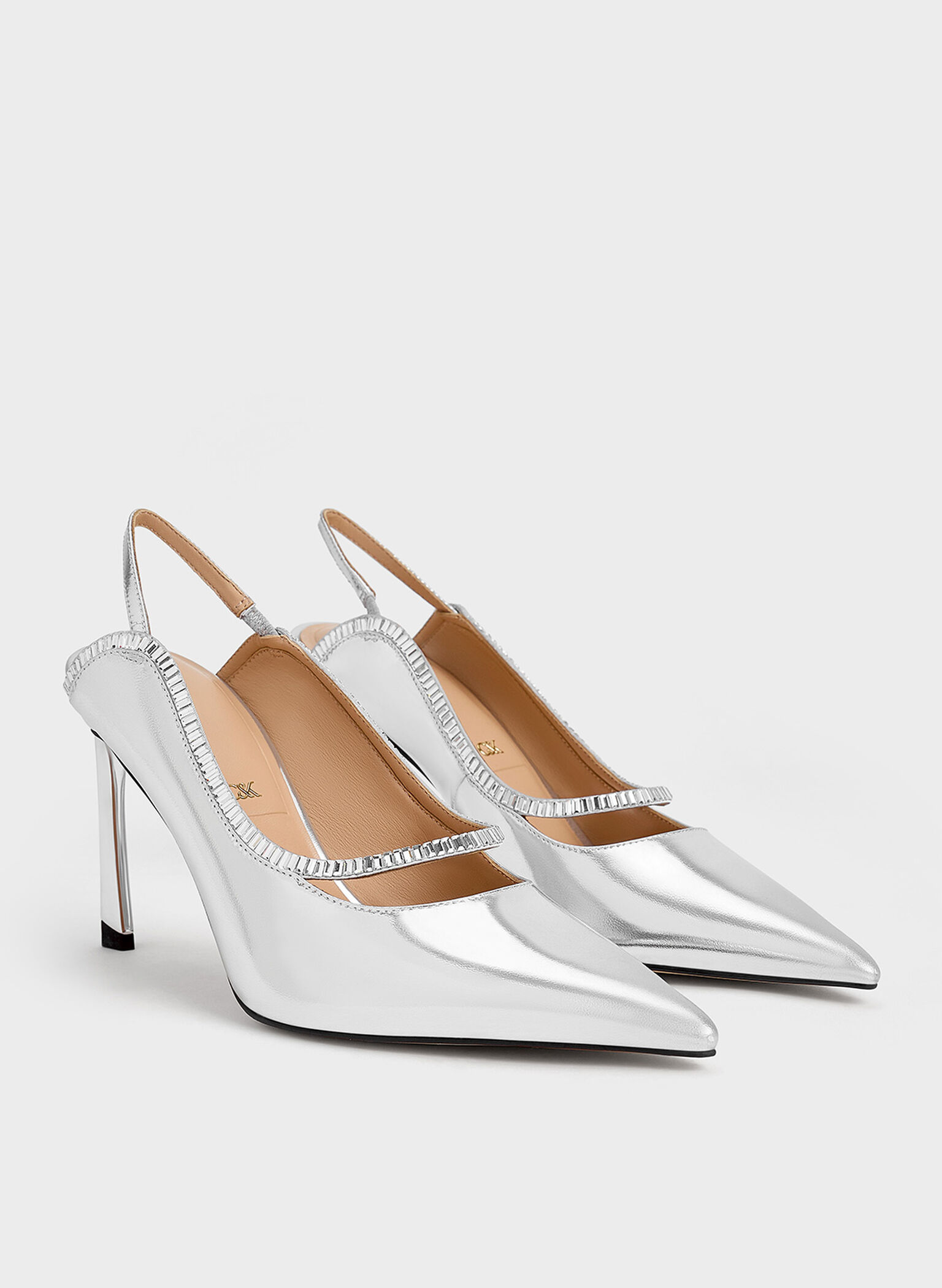 Leather & Satin Crystal-Embellished Pointed-Toe Slingback Pumps, Silver, hi-res