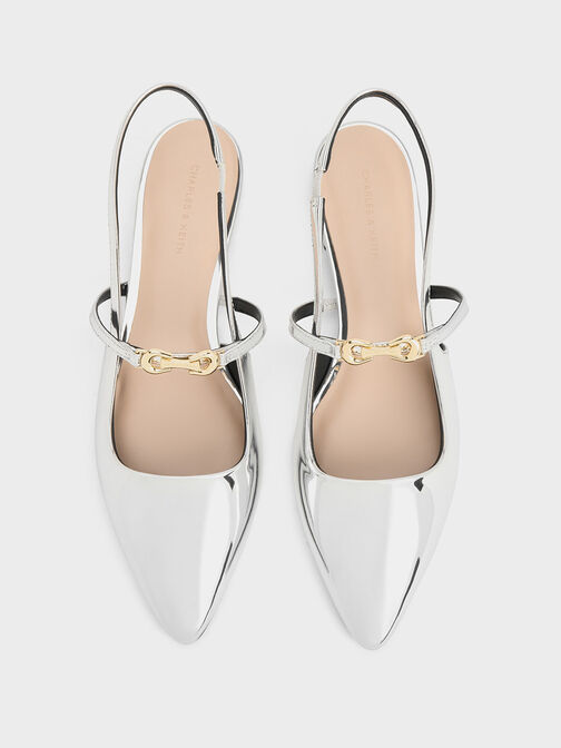 Metallic-Accent Pointed-Toe Slingback Flats, Silver, hi-res