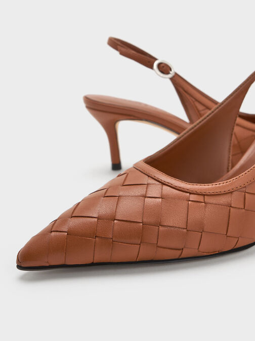 Woven Pointed-Toe Slingback Pumps, Brown, hi-res