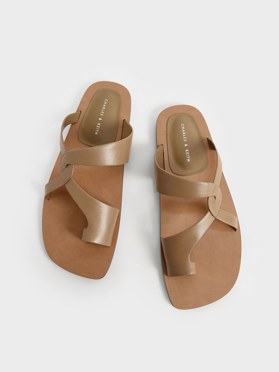 Toe-Ring Strappy Slide Sandals, Camel, hi-res