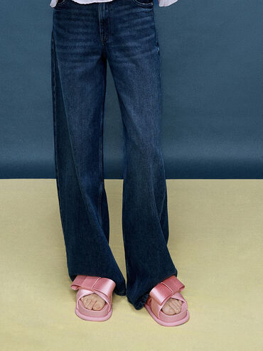 Satin Bow Flatform Sandals, Pink, hi-res