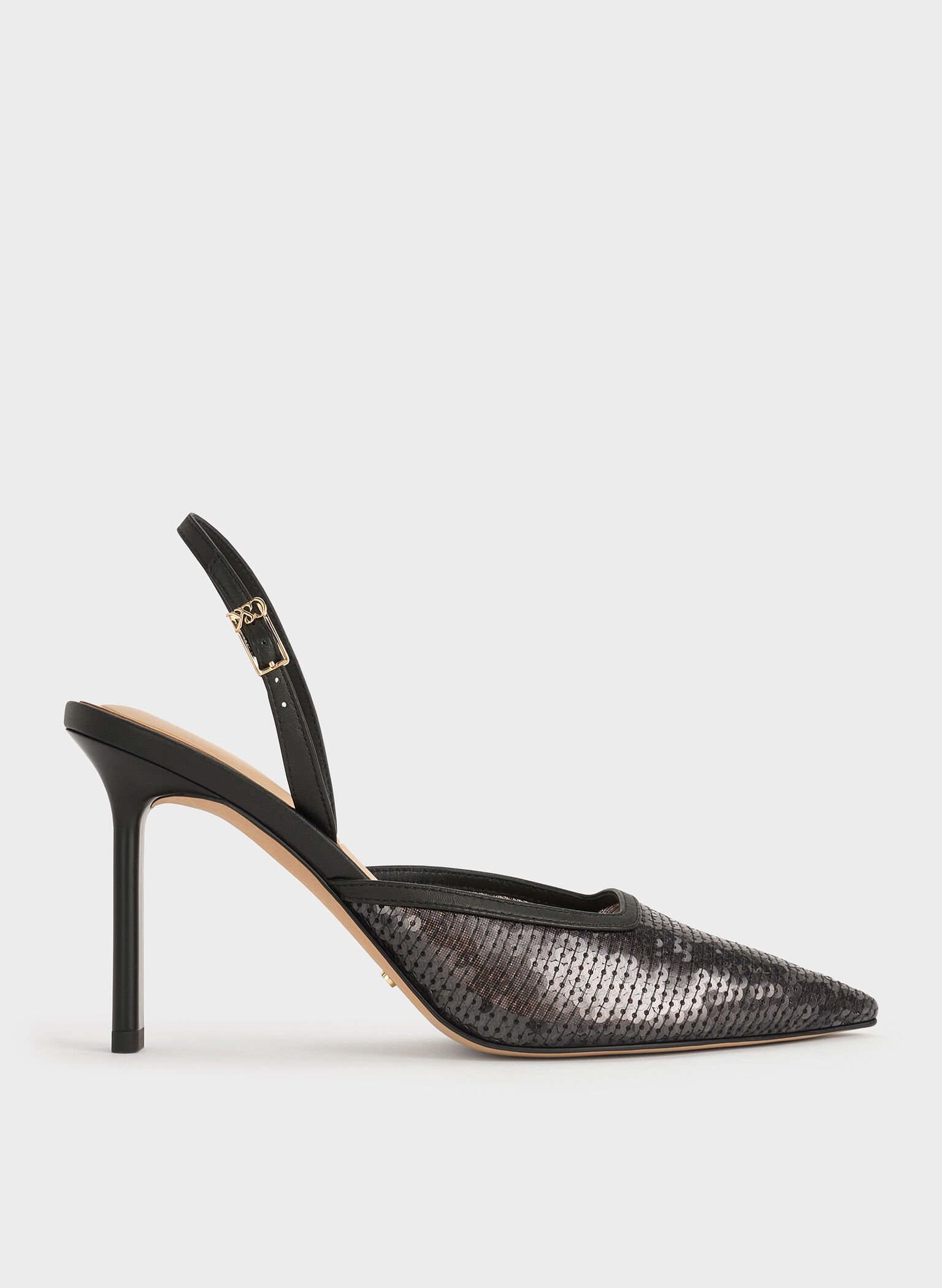 Sequin Mesh & Leather Pointed-Toe Slingback Pumps, Black Textured, hi-res