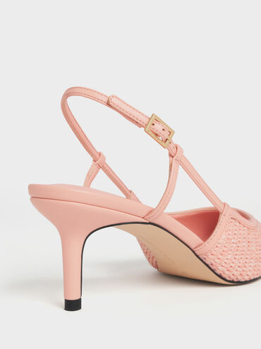Raffia Pointed-Toe Slingback Pumps, Peach, hi-res