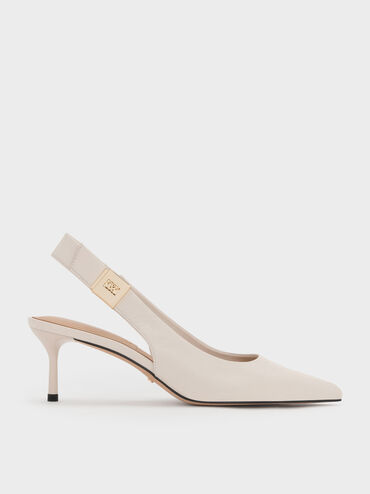 Cody Leather Pointed-Toe Kitten-Heel Slingback Pumps, Chalk, hi-res