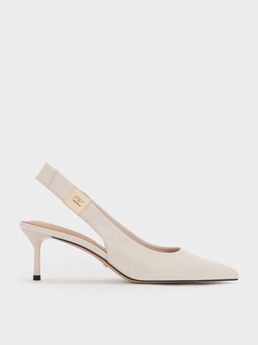Cody Leather Pointed-Toe Kitten-Heel Slingback Pumps, Chalk, hi-res