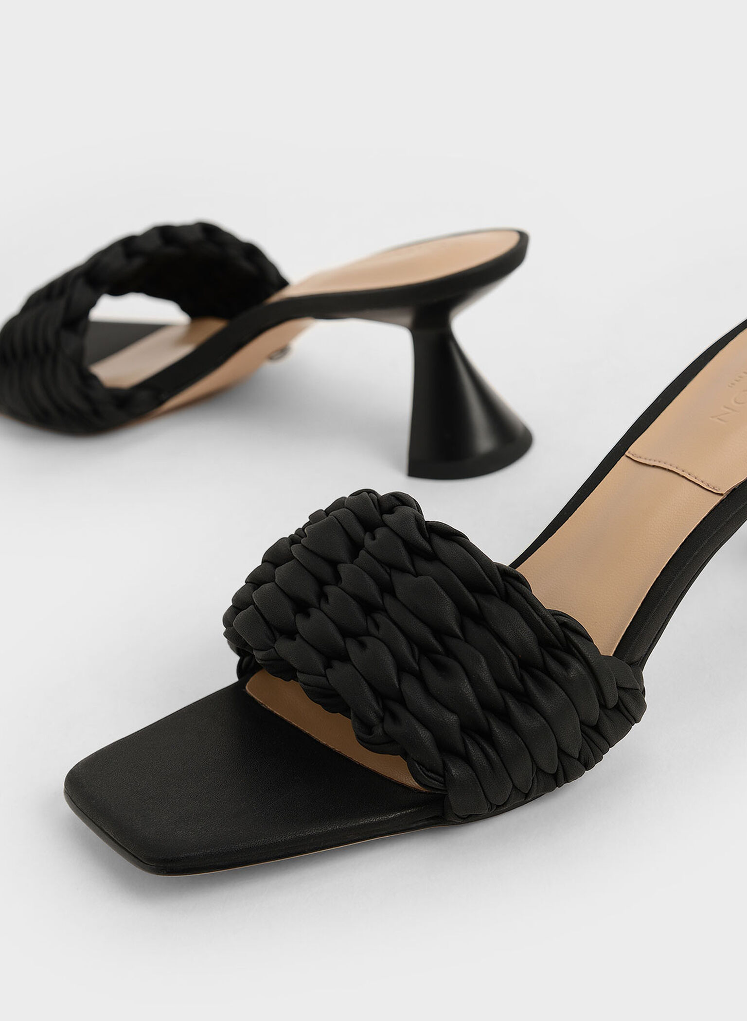 Pleated Sculptural Heel Sandals, Black, hi-res