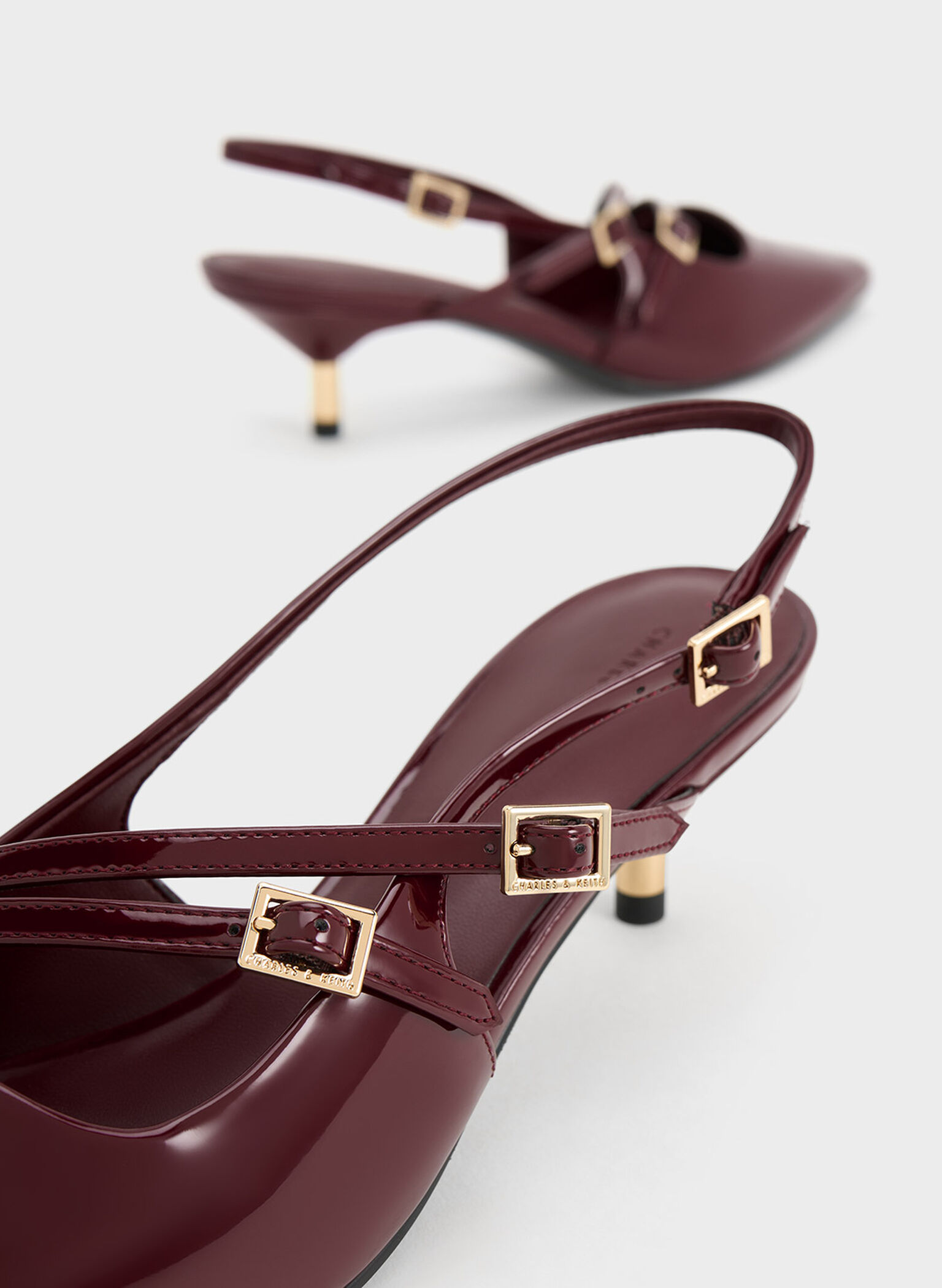 Patent Buckle-Strap Kitten Heel Slingback Pumps, Maroon, hi-res