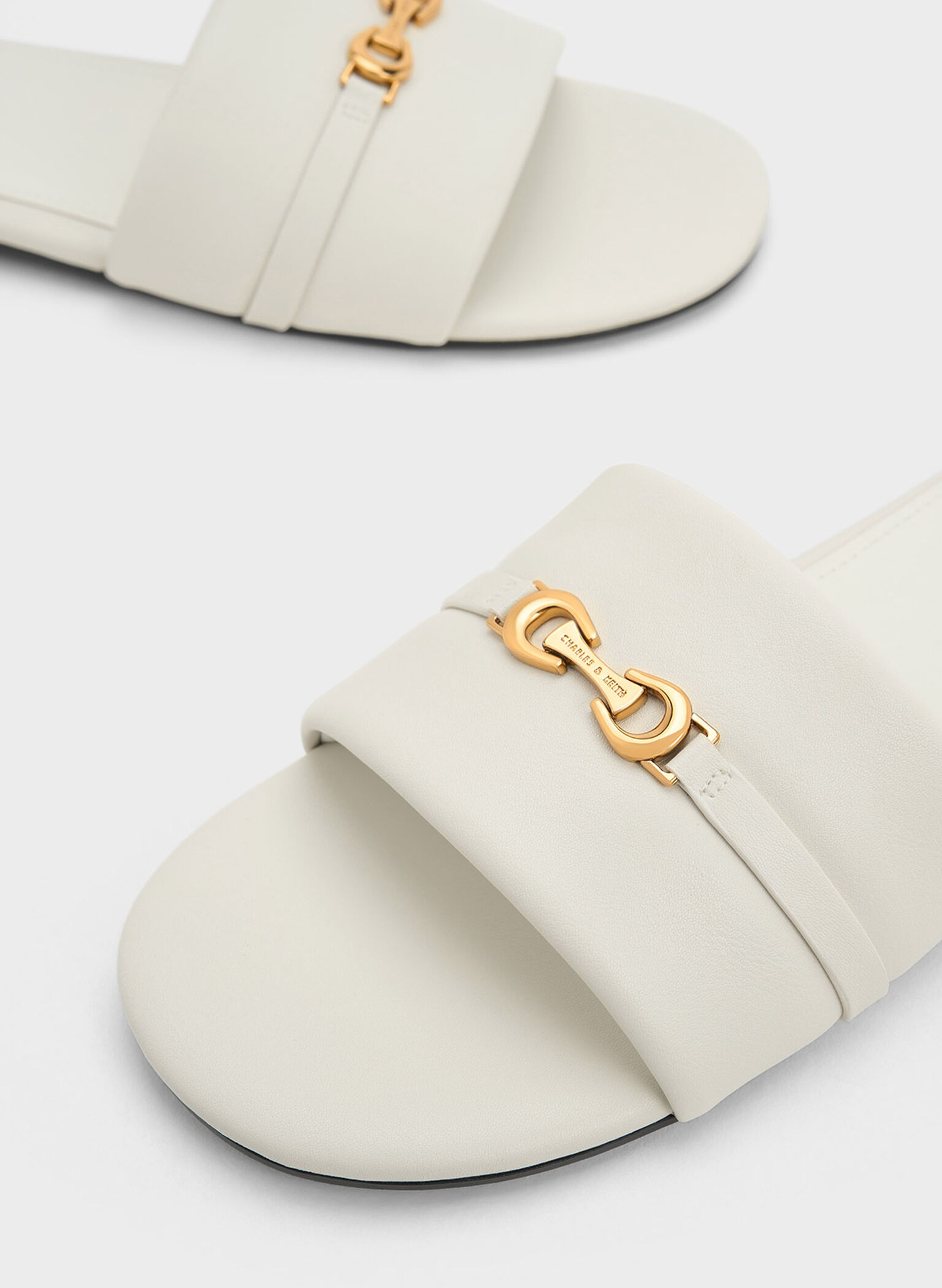 Metallic Accent Round-Toe Slide Sandals, Chalk, hi-res
