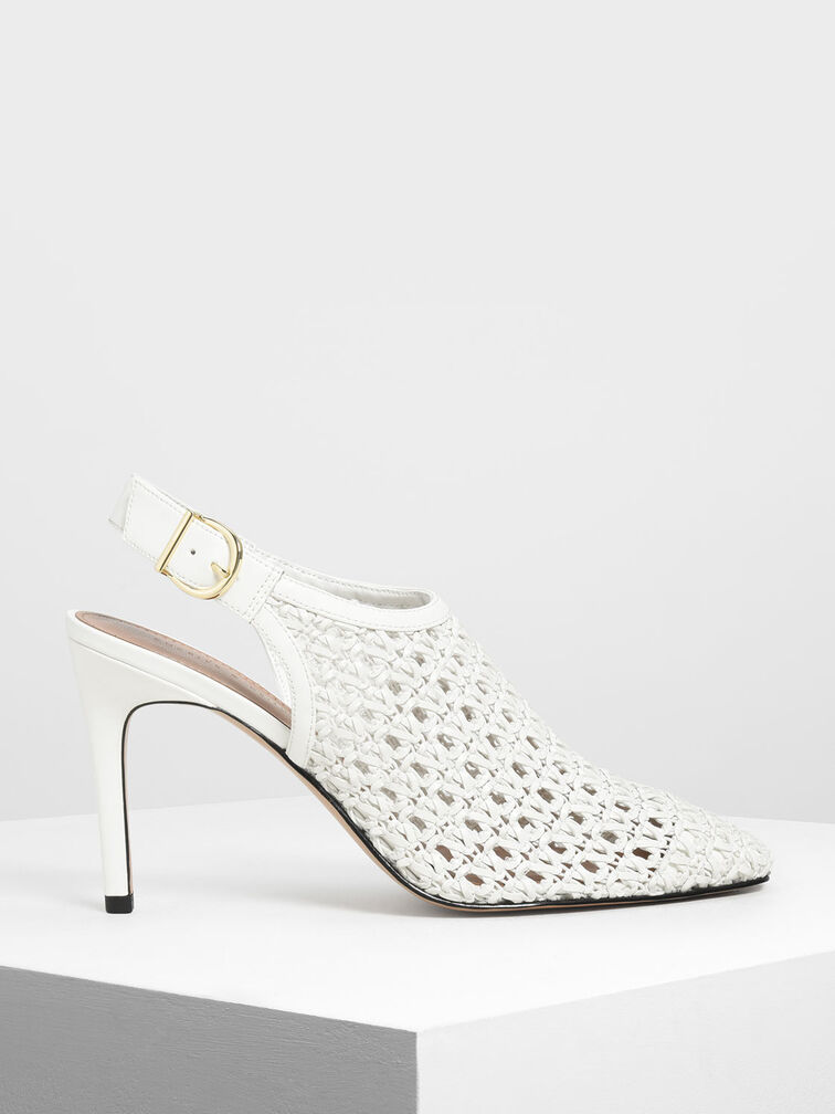 Woven Slingback Ankle Boots, White, hi-res
