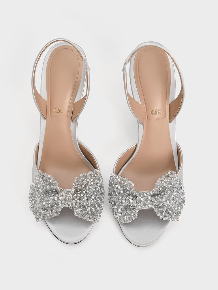 Recycled Polyester Beaded Bow Slingback Pumps, Silver, hi-res