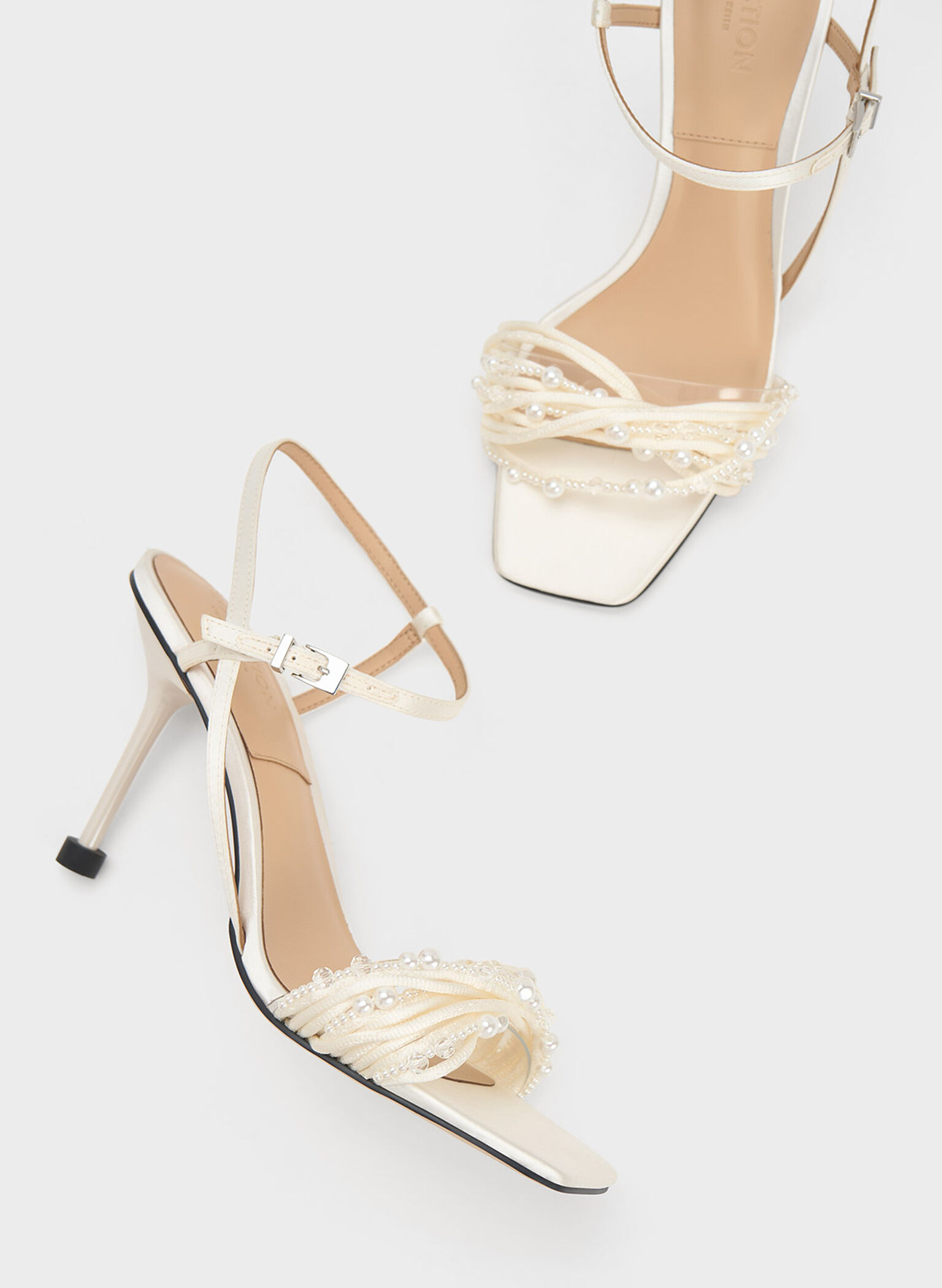 Leda Beaded Asymmetric Satin Sandals, White, hi-res