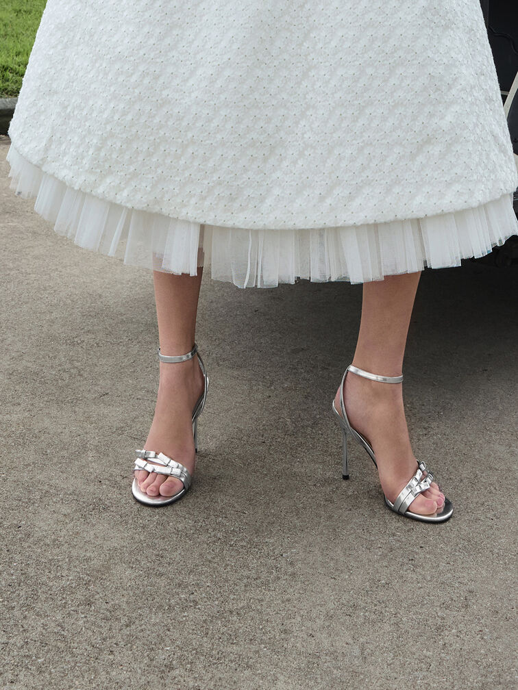 Jessy Metallic Leather Bow Ankle-Strap Stiletto-Heel Sandals, Silver, hi-res