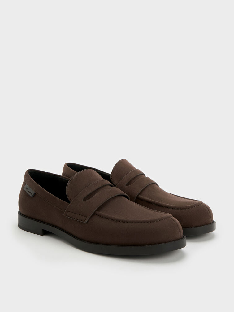 Arven Faux Suede Penny Loafers, Dark Brown Textured, hi-res