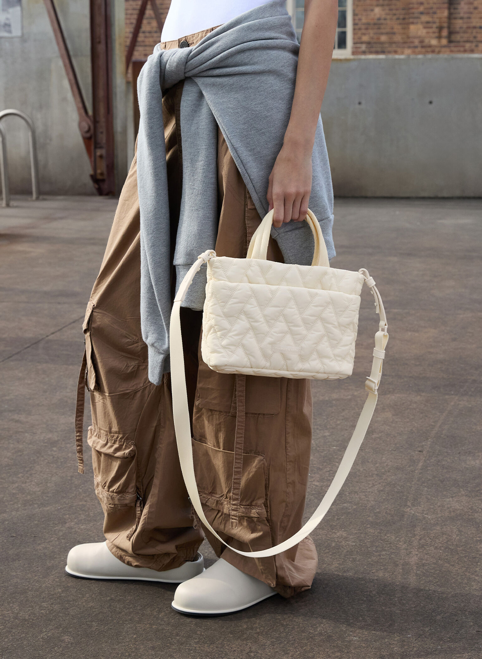 Nylon Chevron Boxy Tote Bag, Cream, hi-res