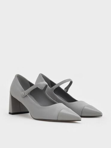 Faux Suede Cap-Toe Pointed Mary Jane Pumps, Grey, hi-res
