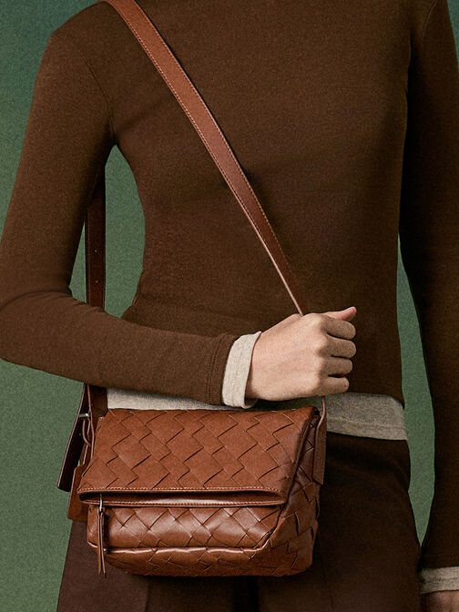 Ivette Woven Front Flap Crossbody Bag, Chocolate, hi-res