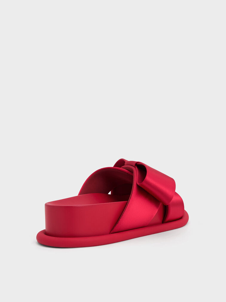 Satin Bow Flatform Sandals, Red, hi-res