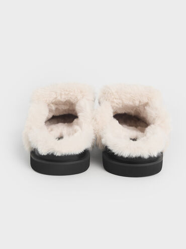 Fur-Trim Flatform Mules, Black, hi-res
