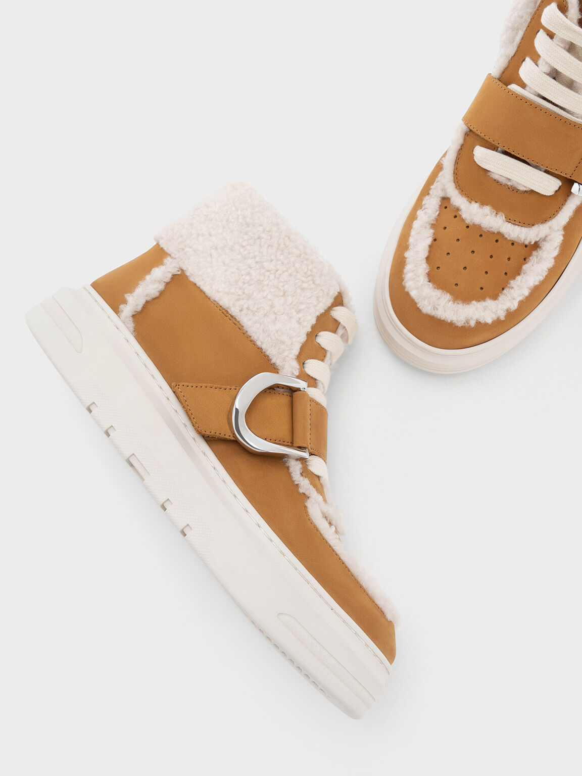 Brown Gabine Leather Fur Lined High Top Sneakers CHARLES KEITH UK