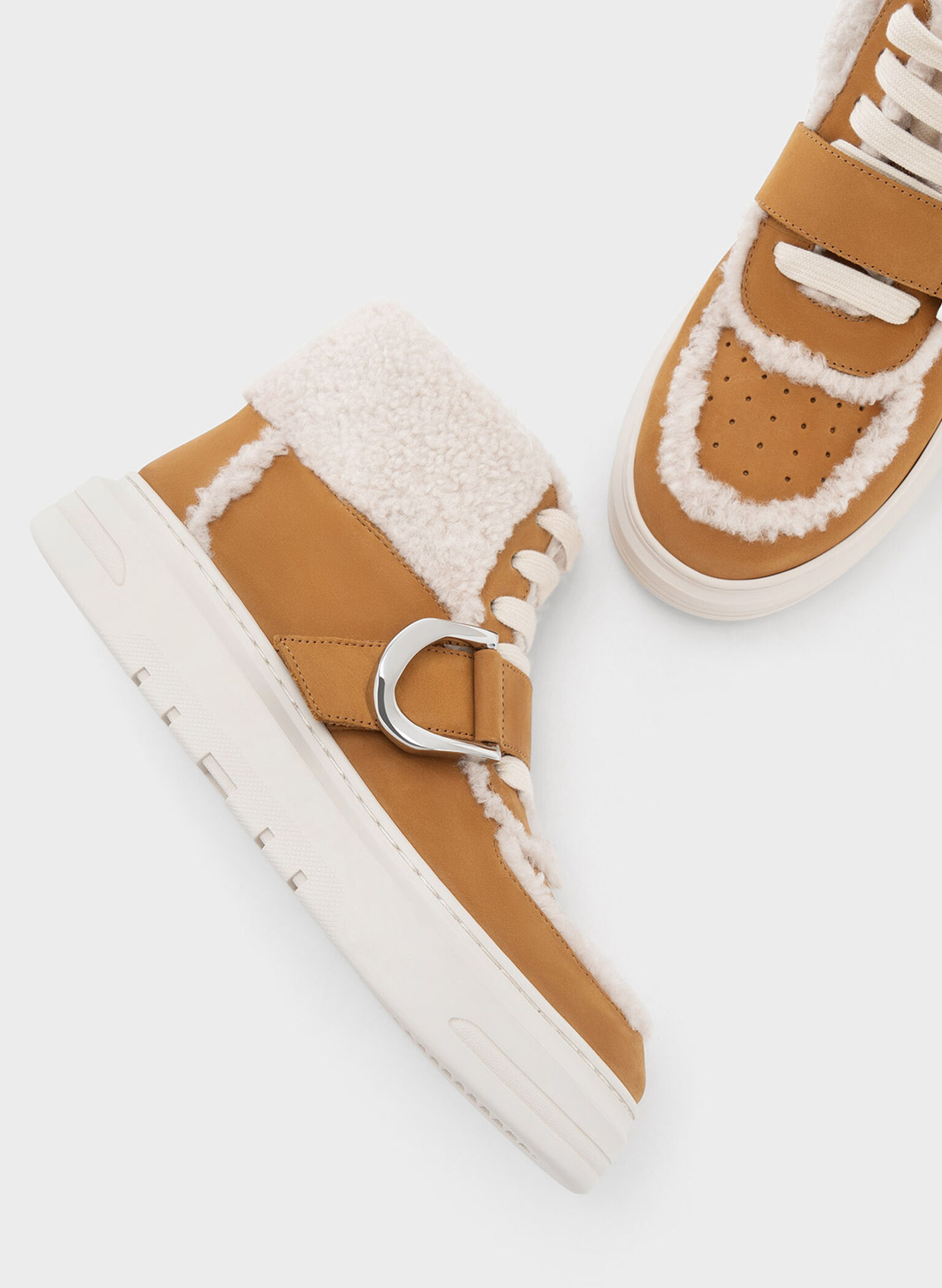 Gabine Leather Fur-Lined High-Top Sneakers, Brown, hi-res