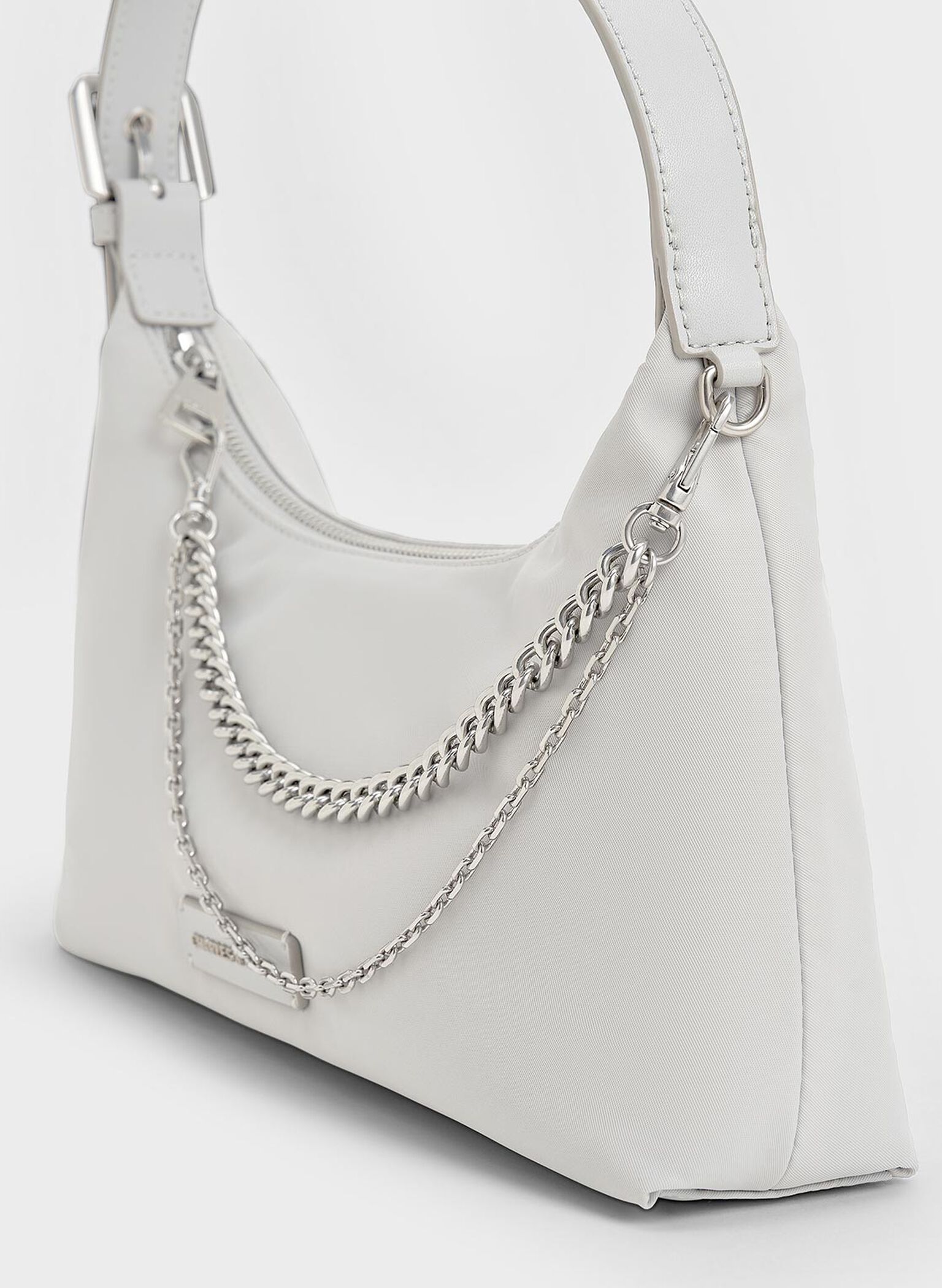 Nylon Chain-Link Trapeze Shoulder Bag, Light Grey, hi-res