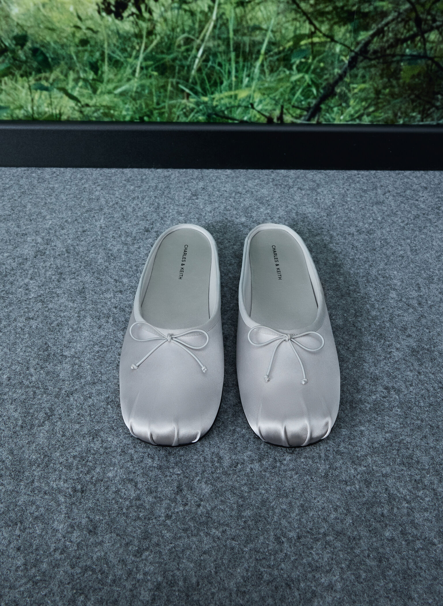 Satin Bow Flat Mules, Silver, hi-res
