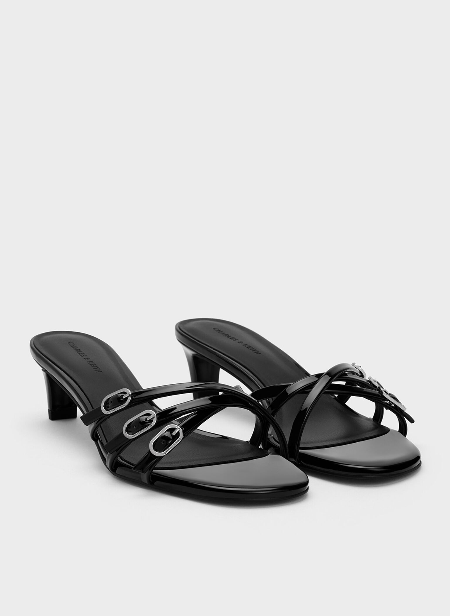 Patent Buckled Strappy Kitten-Heel Mules, Black Patent, hi-res