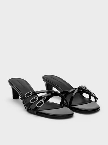 Patent Buckled Strappy Kitten-Heel Mules, Black Patent, hi-res