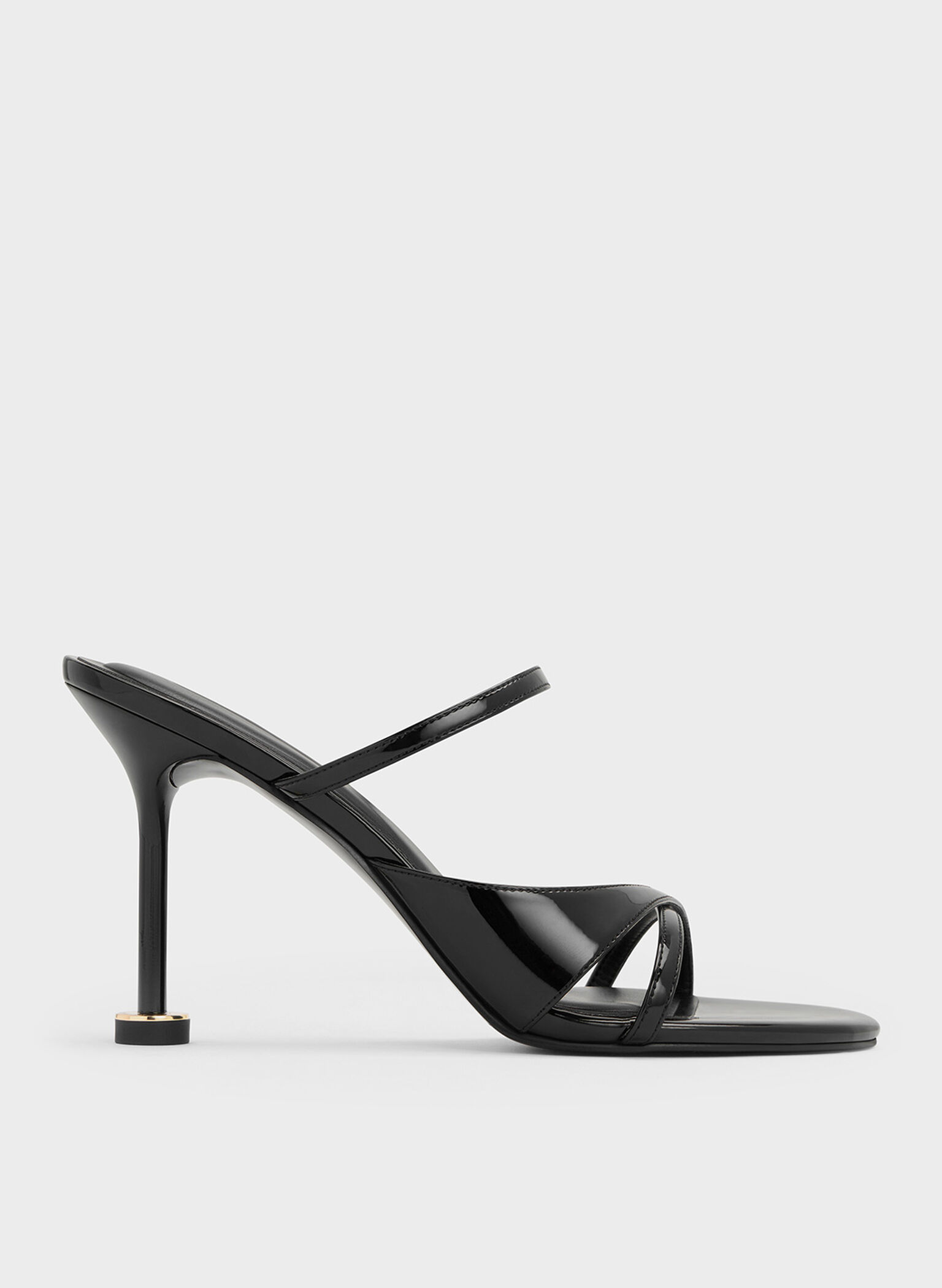 Patent Crossover Sculptural-Heel Strappy Mules, Black Patent, hi-res
