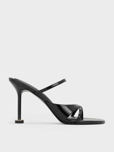 Patent Crossover Sculptural-Heel Strappy Mules, Black Patent, hi-res