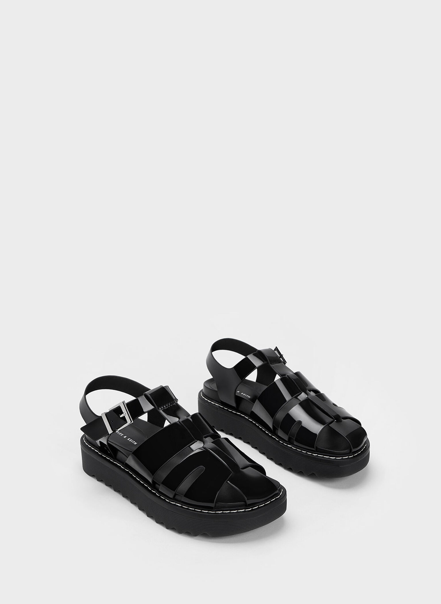 Interwoven Patent Buckled Sandals, Black Patent, hi-res