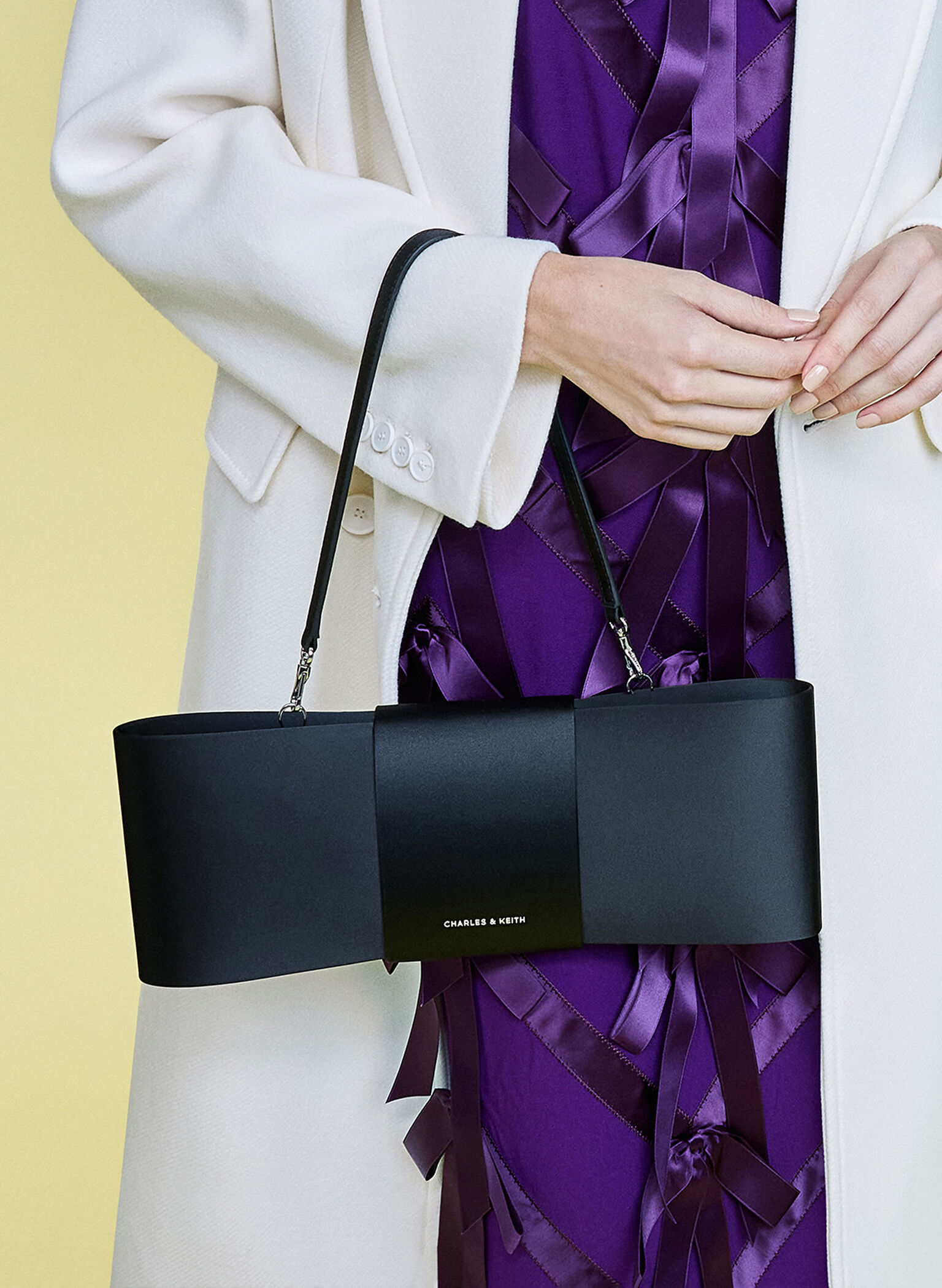 Satin Bow Elongated Shoulder Bag, Noir, hi-res