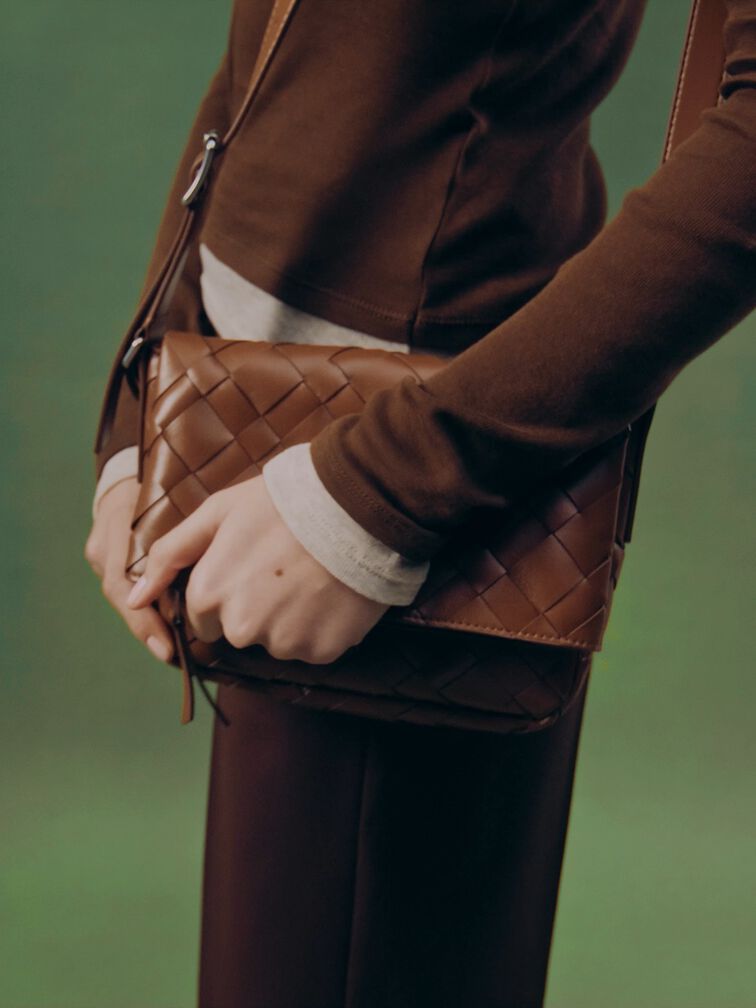 Ivette Woven Front Flap Crossbody Bag, Chocolate, hi-res