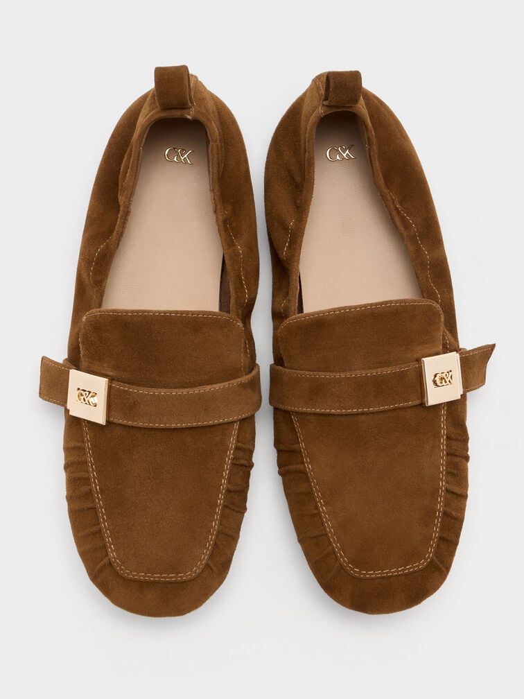 Cody Suede Metallic-Buckle Ruched Loafers, Brown, hi-res