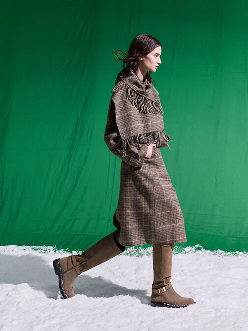Leather & Suede Buckled-Strap Knee-High Boots, Taupe, hi-res
