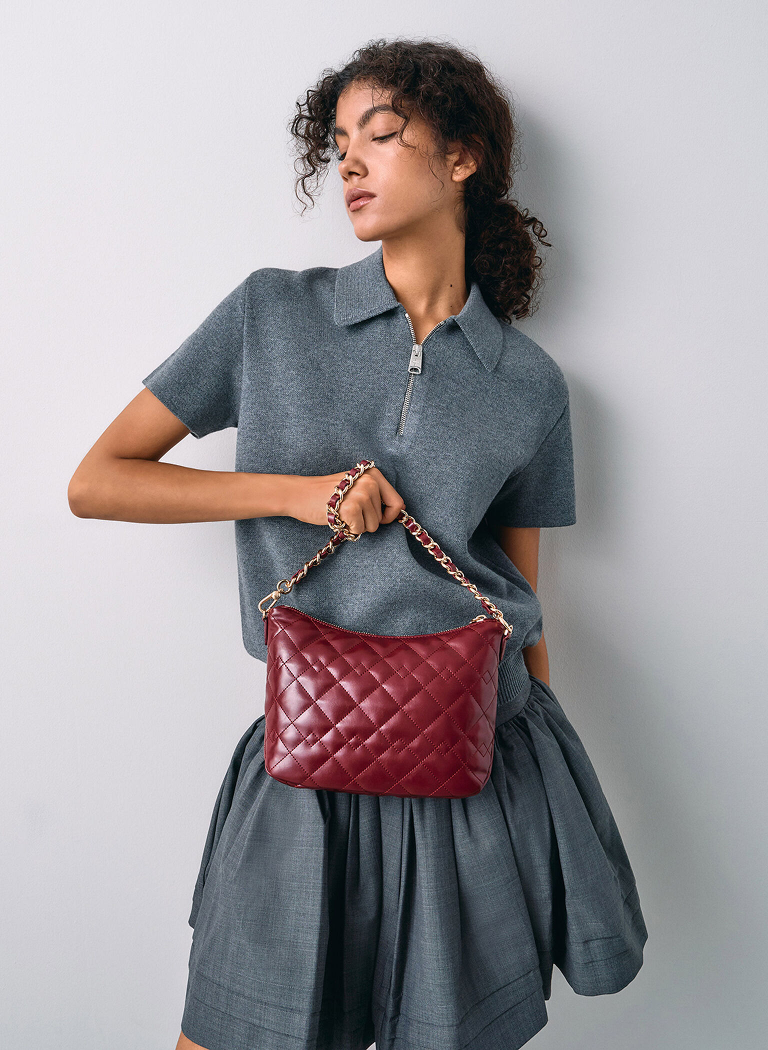 Duo Quilted Slouchy Hobo Bag, Burgundy, hi-res