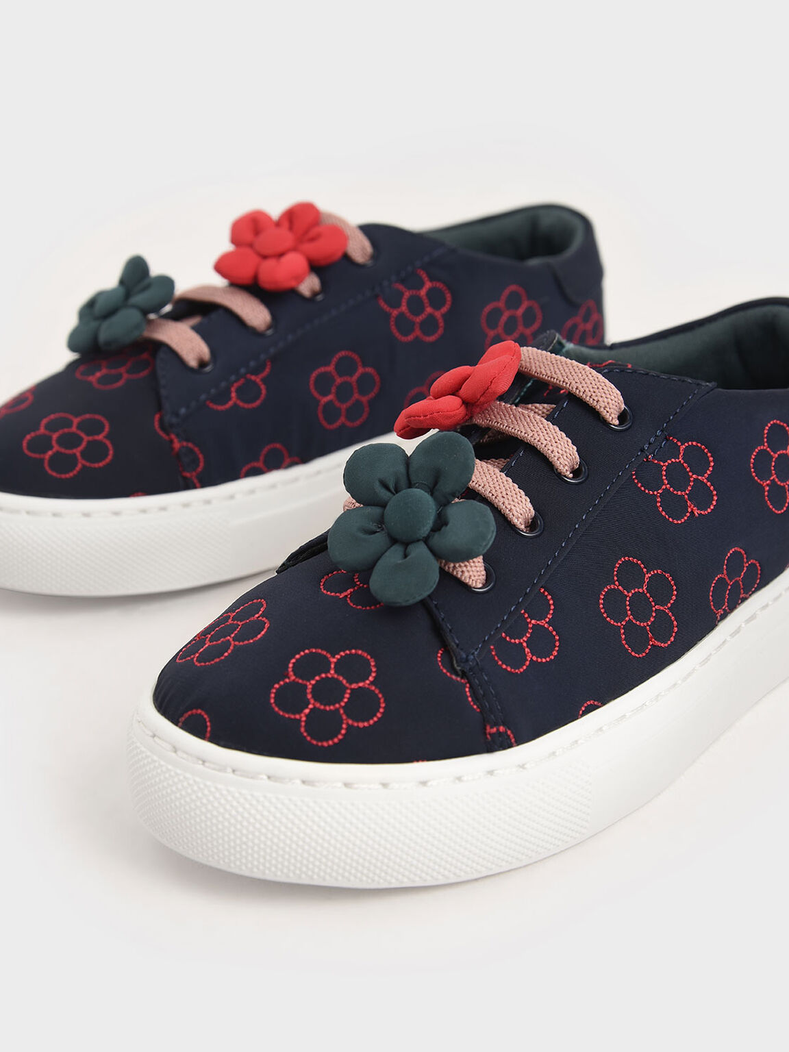 Girls' Flower Embellished Sneakers, Dark Blue, hi-res