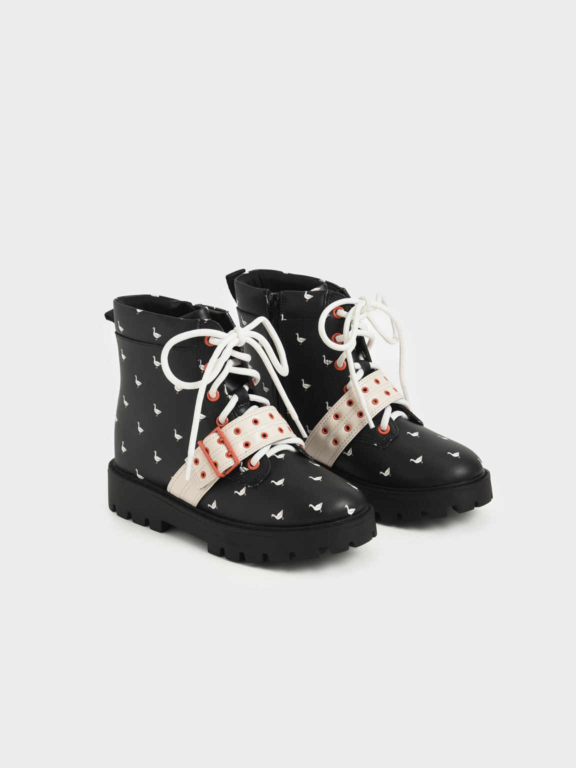 Girls' Printed Lace-Up Ankle Boots, Black Textured, hi-res