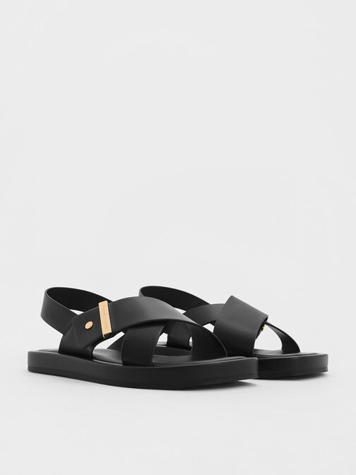 Crossover-Strap Slingback Sandals, Black, hi-res
