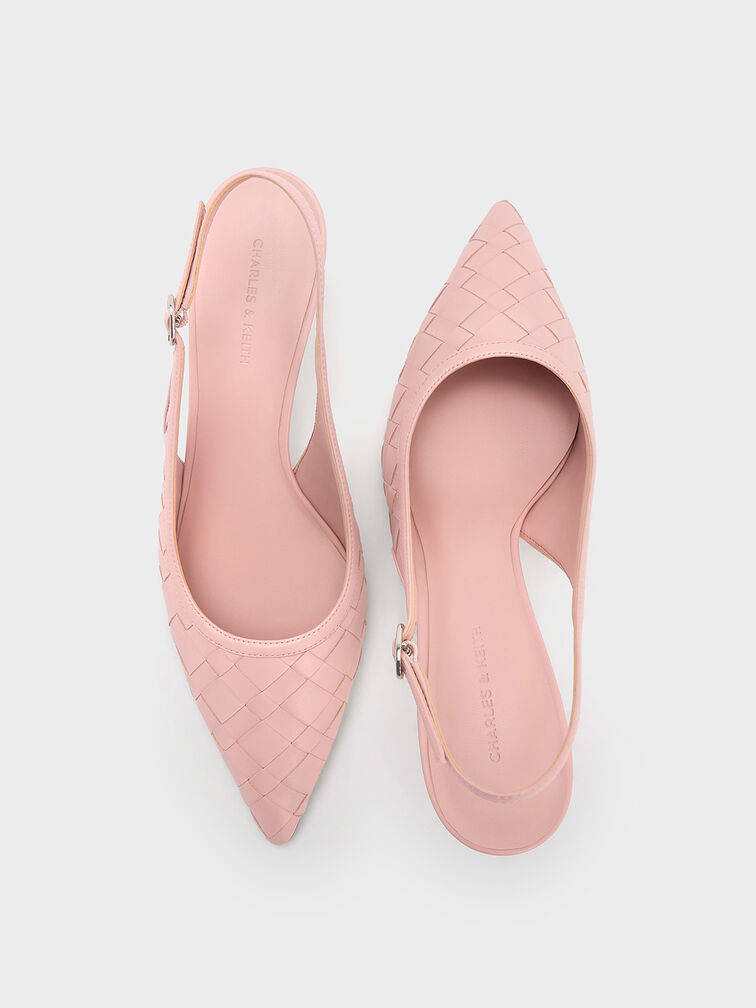 Woven Pointed-Toe Slingback Pumps, Light Pink, hi-res
