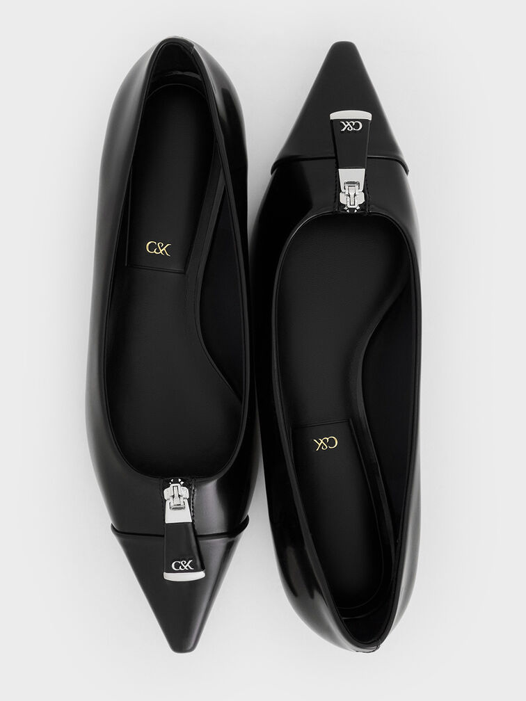 Nina Leather Pointed Cap-Toe Flats, Black Box, hi-res