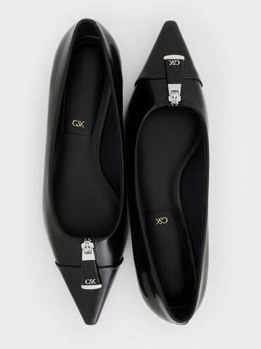 Nina Leather Pointed Cap-Toe Flats, Black Box, hi-res