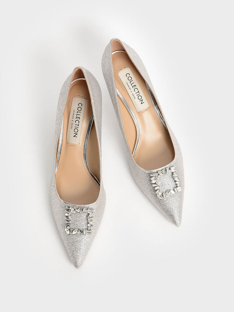 Ever Glittered Gem-Embellished Kitten Heel Pumps, Silver, hi-res