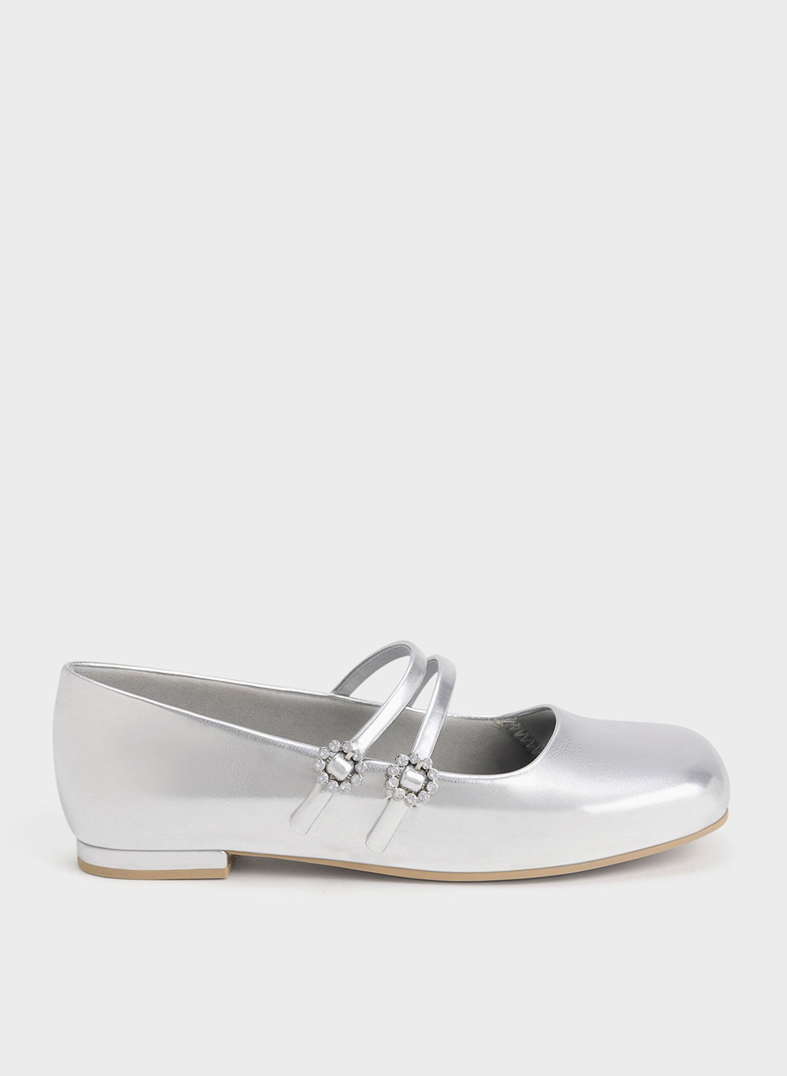 Girls' Gem-Embellished Metallic Mary Janes, Silver, hi-res
